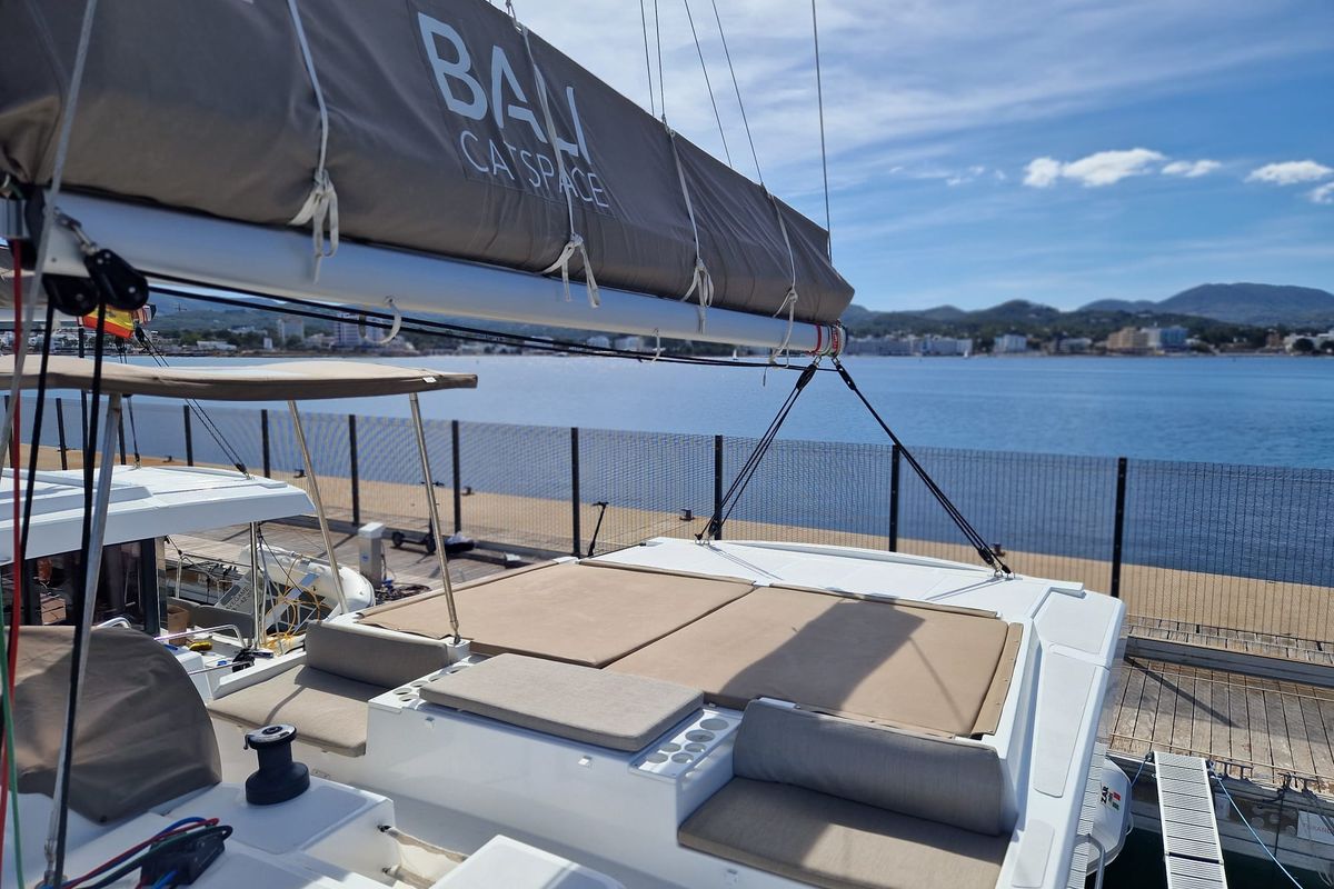 Cockpit of Turandot, a Bali Catspace catamaran at Sant Antoni de Portmany, Spain
