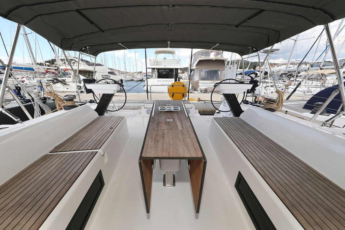 Cockpit of Bonaca, a Dufour 470 sailboat at Grad Pula, Croatia