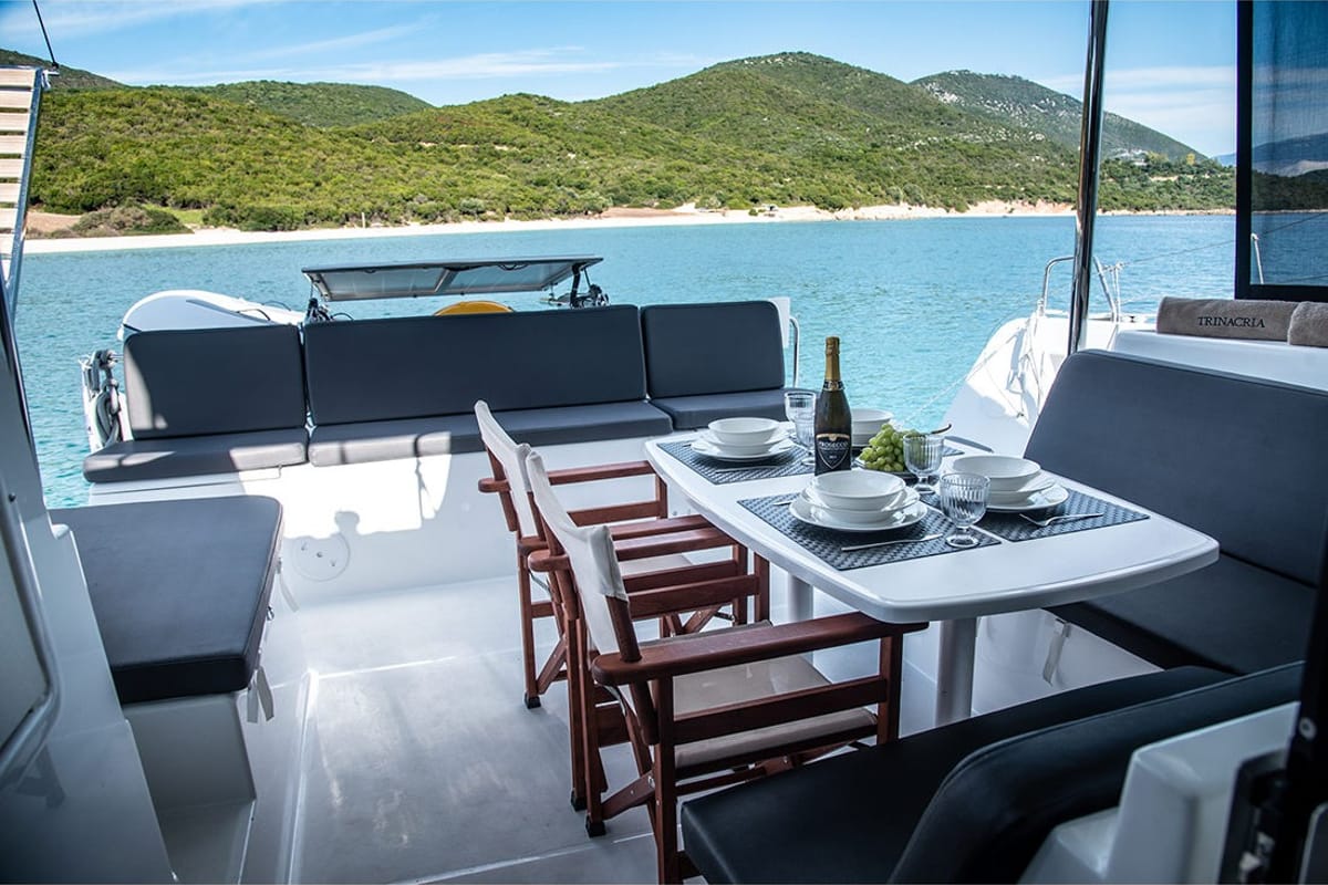 Deck of Trinacria, a Lagoon 40 catamaran at Municipal Unit of Anaktorio, Greece