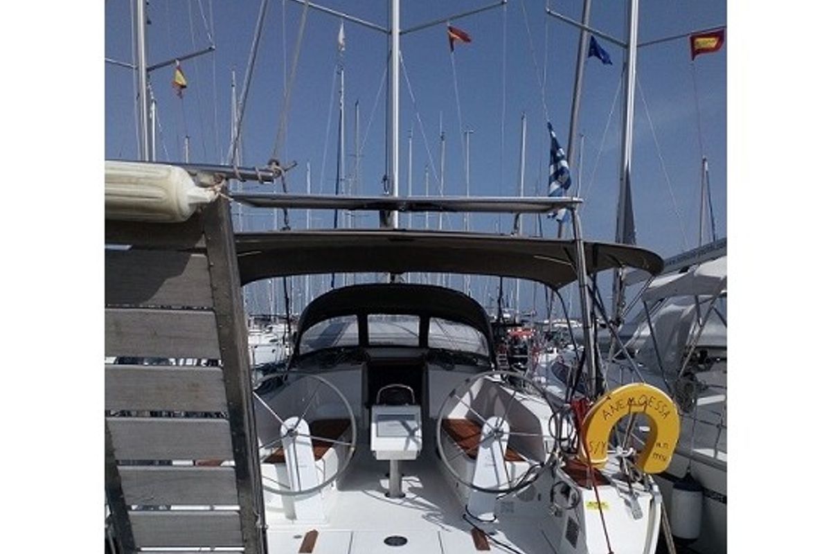 Cockpit of Anemoessa, a Bavaria Cruiser 41 sailboat at Preveza, Greece