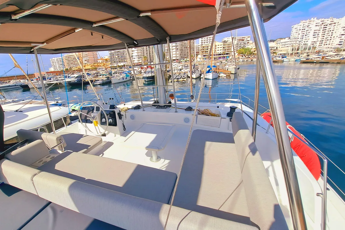 Cockpit of LOBA DO MAR, a Bali 4.6 catamaran at Sant Antoni de Portmany, Spain