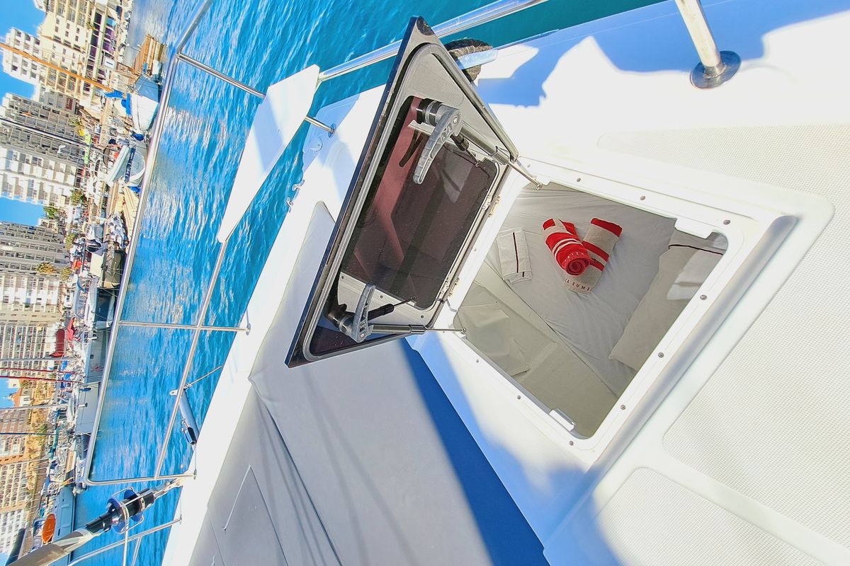 Deck of LOBA DO MAR, a Bali 4.6 catamaran at Sant Antoni de Portmany, Spain