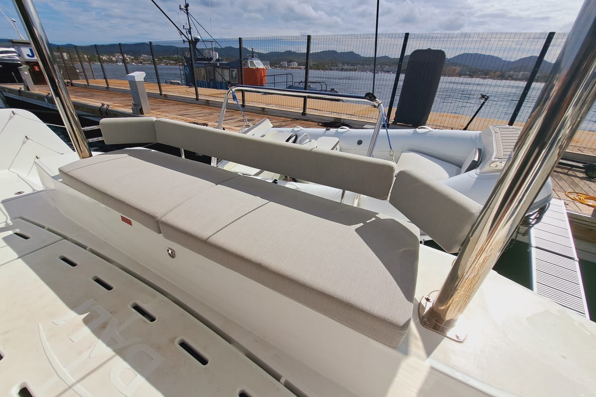 Deck of LOBA DO MAR, a Bali 4.6 catamaran at Sant Antoni de Portmany, Spain