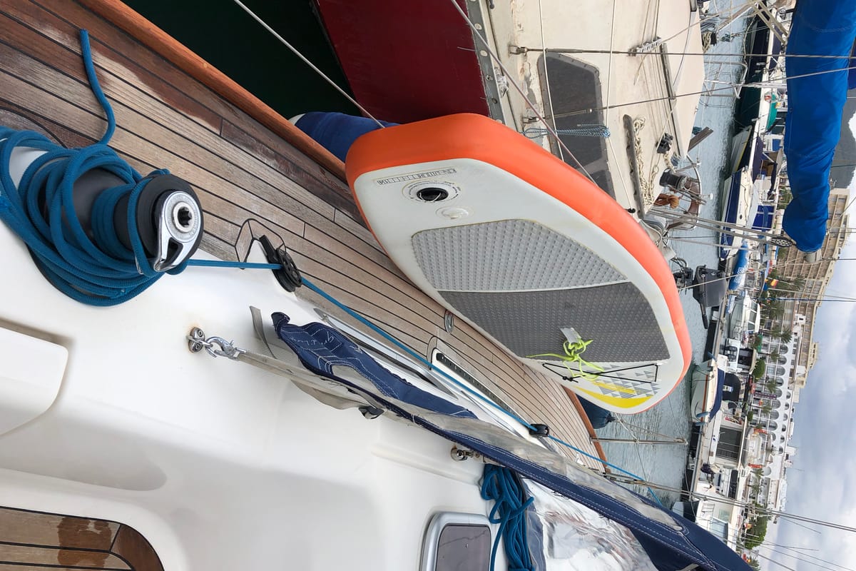 Deck of Mentholad, a Dufour 365 Grand Large sailboat at Sant Antoni de Portmany, Spain