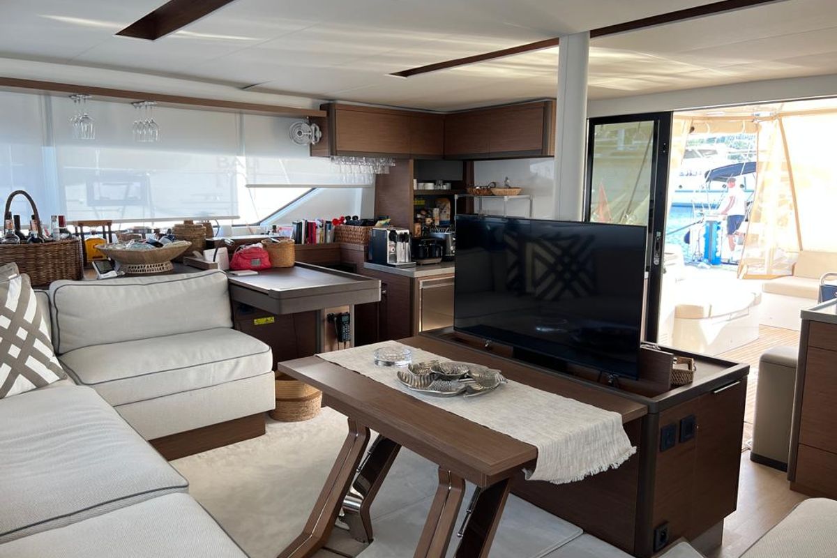 Salon of Swice, a Lagoon 50 OW catamaran at Fethiye, Turkey