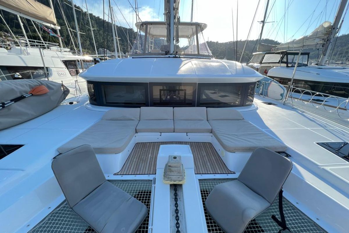Deck of Swice, a Lagoon 50 OW catamaran at Fethiye, Turkey