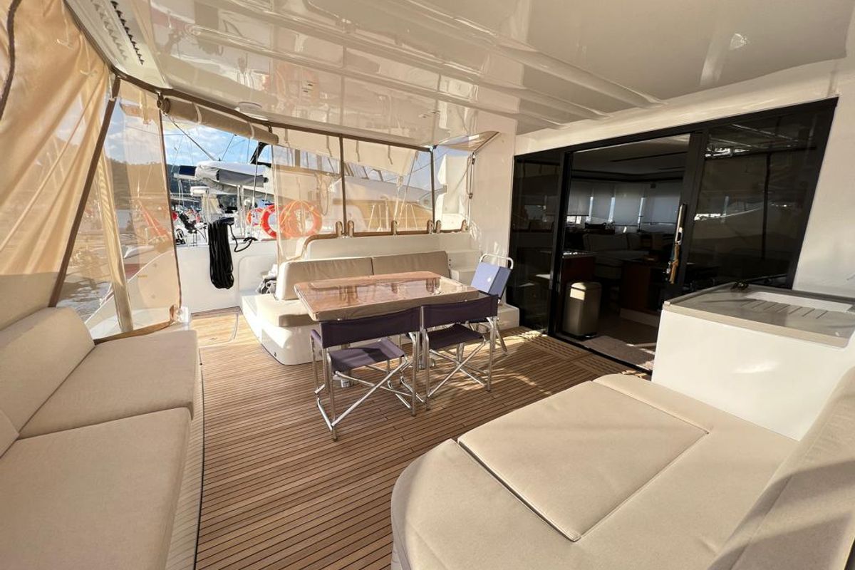 Deck of Swice, a Lagoon 50 OW catamaran at Fethiye, Turkey