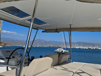 Cockpit of Swice, a Lagoon 50 OW catamaran at Fethiye, Turkey