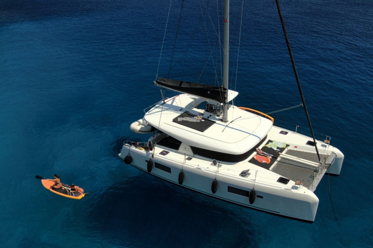 Exterior view of ALIZE, a Lagoon 42 catamaran at Municipal Unit of Lefkada, Greece