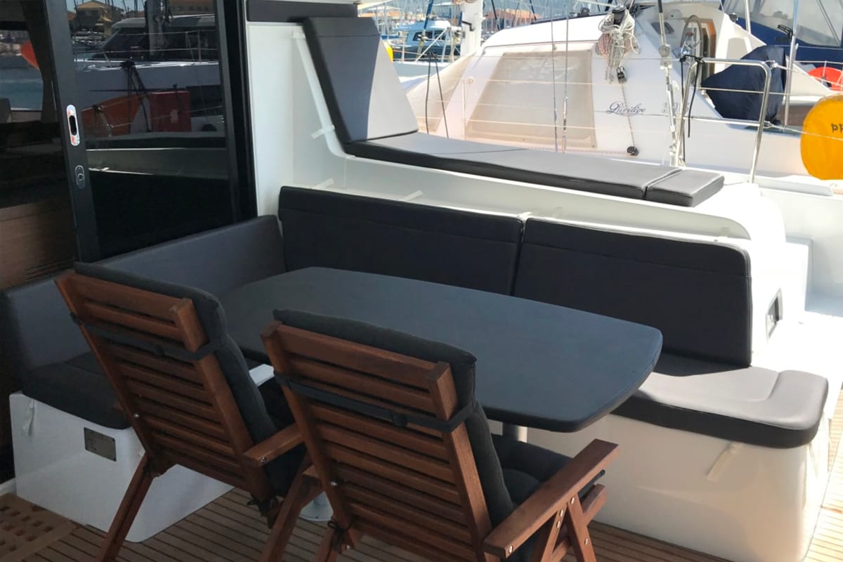 Deck of ALIZE, a Lagoon 42 catamaran at Municipal Unit of Lefkada, Greece