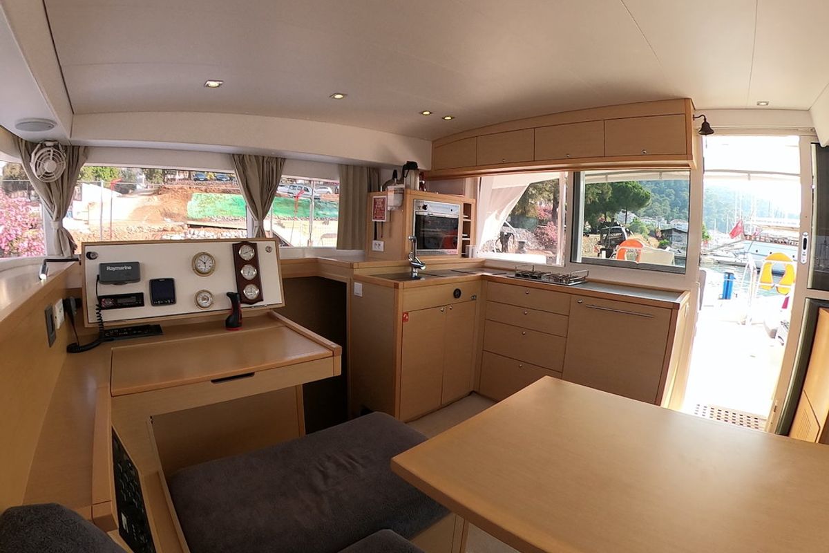 Salon of Suncity 2, a Lagoon 400 S2 catamaran at Fethiye, Turkey