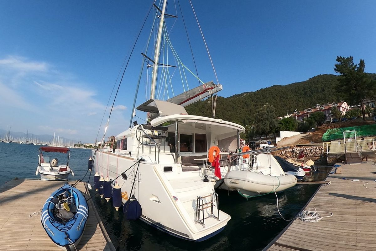 Exterior view of Suncity 2, a Lagoon 400 S2 catamaran at Fethiye, Turkey