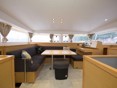 Salon of Suncity 2, a Lagoon 400 S2 catamaran at Fethiye, Turkey