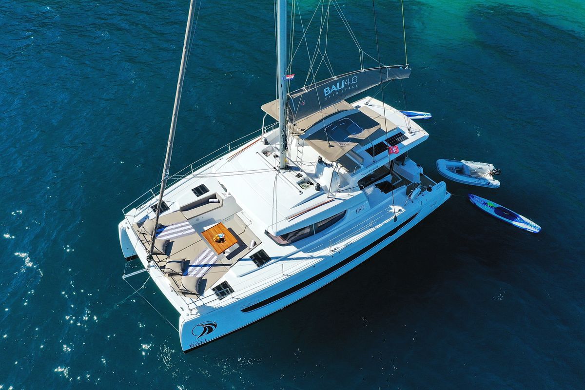 Exterior view of Joie De Vivre, a Bali 4.6 catamaran at Seget Donji, Croatia