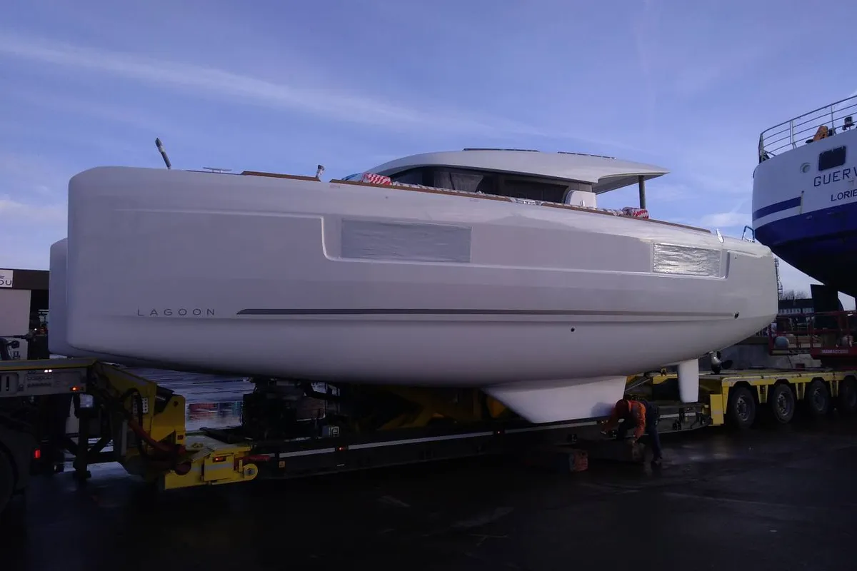 Exterior view of D Arros, a Lagoon 40 catamaran at Eden Island Marina, Seychelles