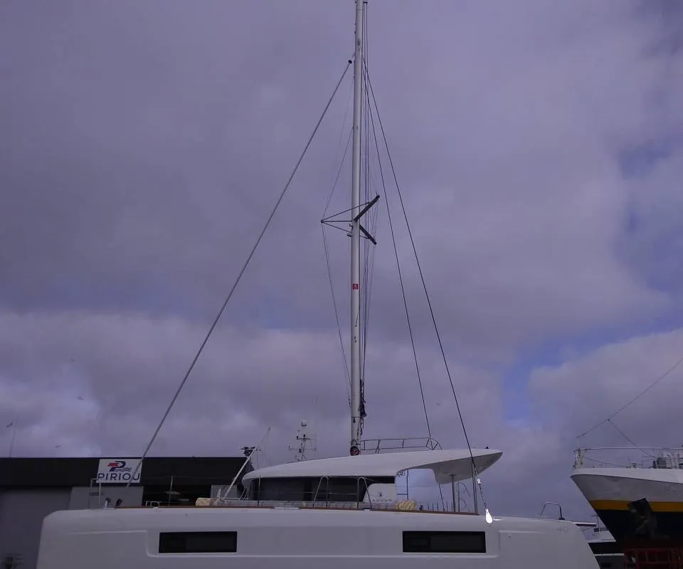 Exterior view of D Arros, a Lagoon 40 catamaran at Eden Island Marina, Seychelles