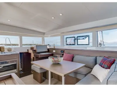 Salon of D Arros, a Lagoon 40 catamaran at Eden Island Marina, Seychelles
