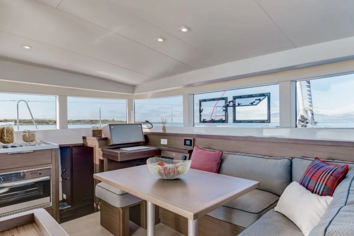 Salon of D Arros, a Lagoon 40 catamaran at Eden Island Marina, Seychelles