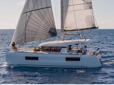 Exterior view of D Arros, a Lagoon 40 catamaran at Eden Island Marina, Seychelles