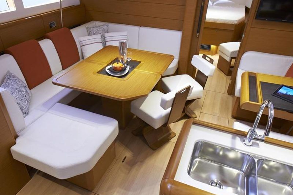 Salon of EVA, a Jeanneau Sun Odyssey 469 sailboat at Volos Municipality, Greece