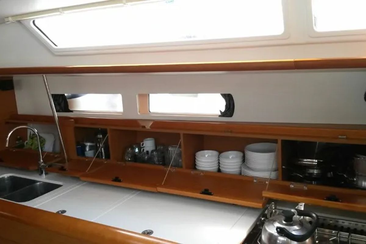 Galley of EVA, a Jeanneau Sun Odyssey 469 sailboat at Volos Municipality, Greece