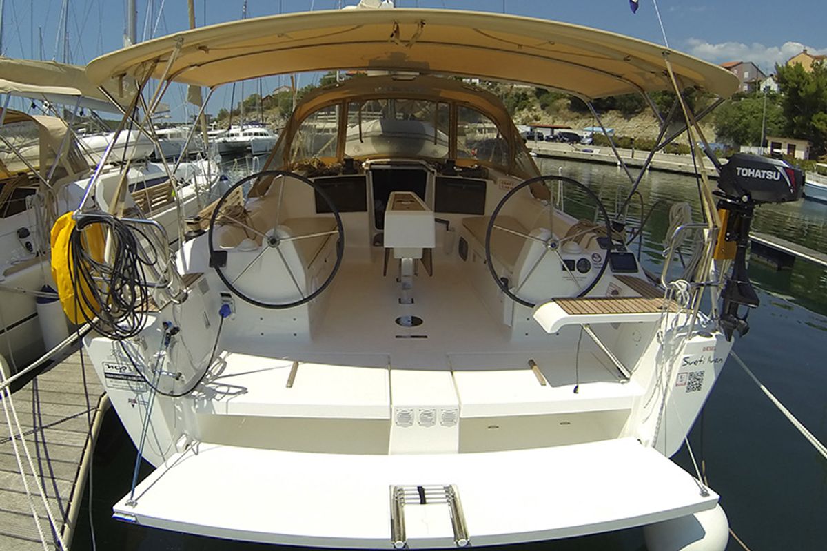 Exterior view of Sveti Ivan, a Dufour 382 Grand Large sailboat at Grad Šibenik, Croatia