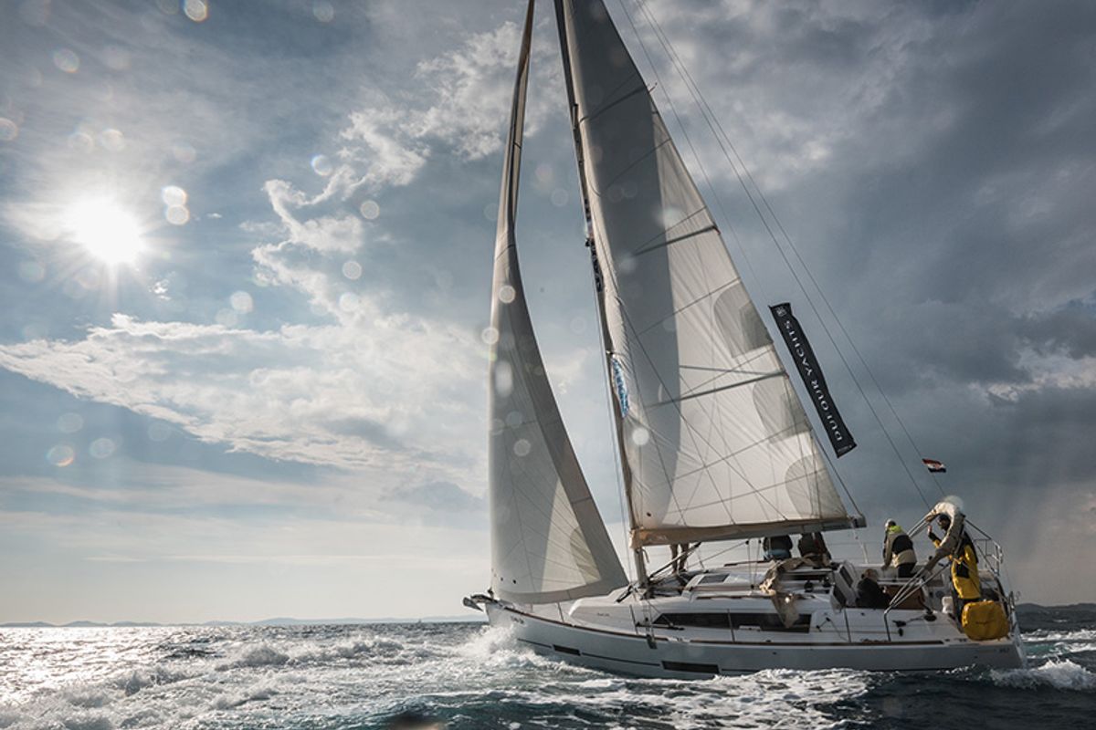 Exterior view of Sveti Ivan, a Dufour 382 Grand Large sailboat at Grad Šibenik, Croatia