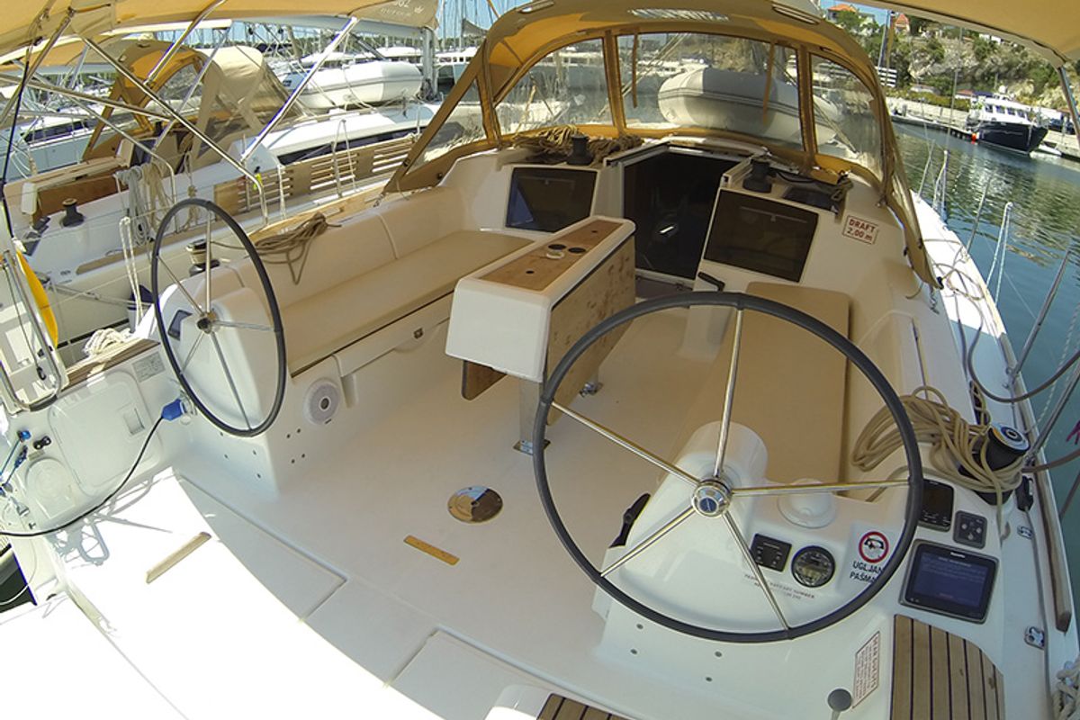 Cockpit of Sveti Ivan, a Dufour 382 Grand Large sailboat at Grad Šibenik, Croatia