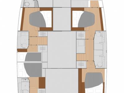 Floor plan of Nefeli, a Fountaine Pajot Saona 47 Quintet catamaran at Athens, Greece