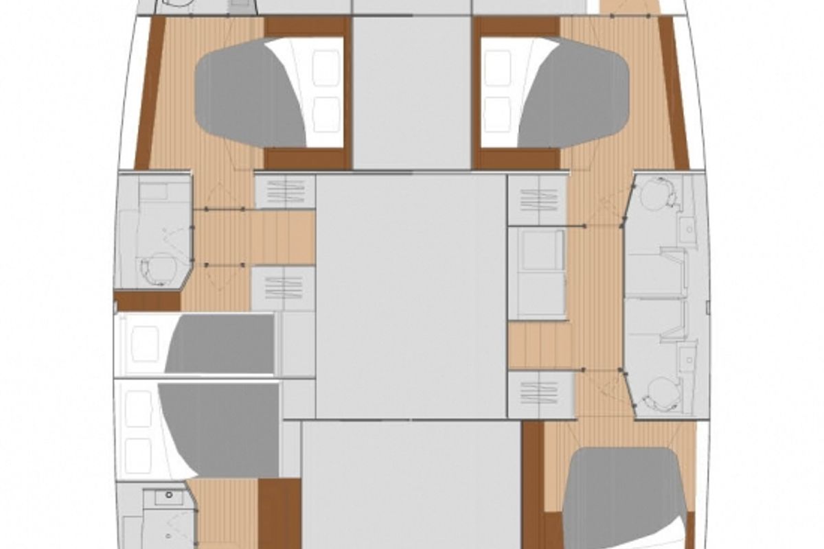 Floor plan of Nefeli, a Fountaine Pajot Saona 47 Quintet catamaran at Athens, Greece