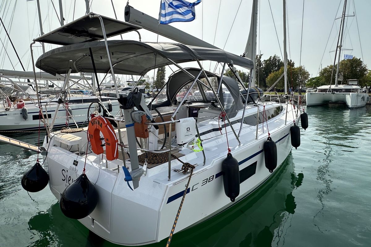 Exterior view of S/Y Sienna, a Bavaria C38 sailboat at Athens, Greece