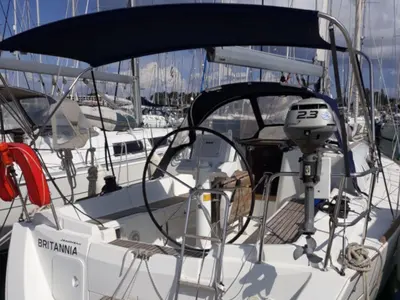 Cockpit of Britannia, a Jeanneau Sun Odyssey 33i sailboat at Gouvia, Greece