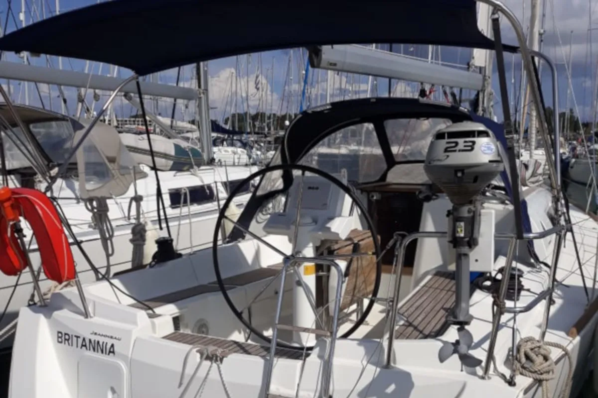 Cockpit of Britannia, a Jeanneau Sun Odyssey 33i sailboat at Gouvia, Greece