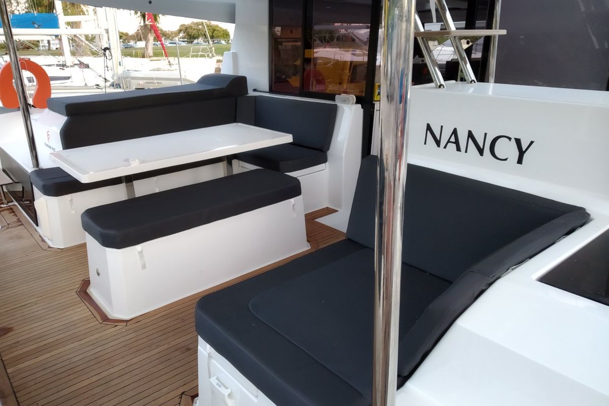 Deck of Nancy, a Fountaine Pajot Astréa 42 catamaran at Athens, Greece