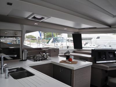 Galley of Nancy, a Fountaine Pajot Astréa 42 catamaran at Athens, Greece