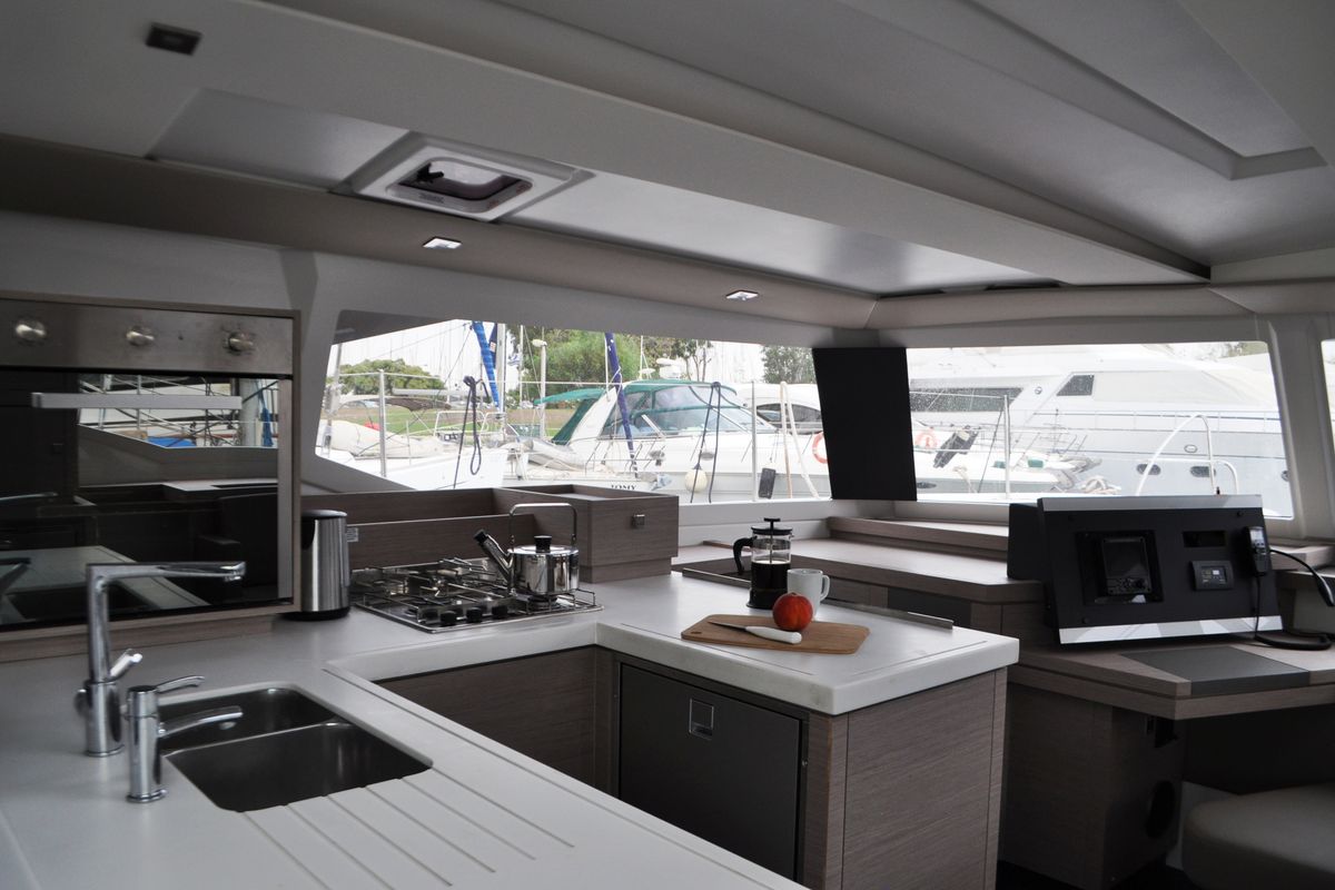 Galley of Nancy, a Fountaine Pajot Astréa 42 catamaran at Athens, Greece