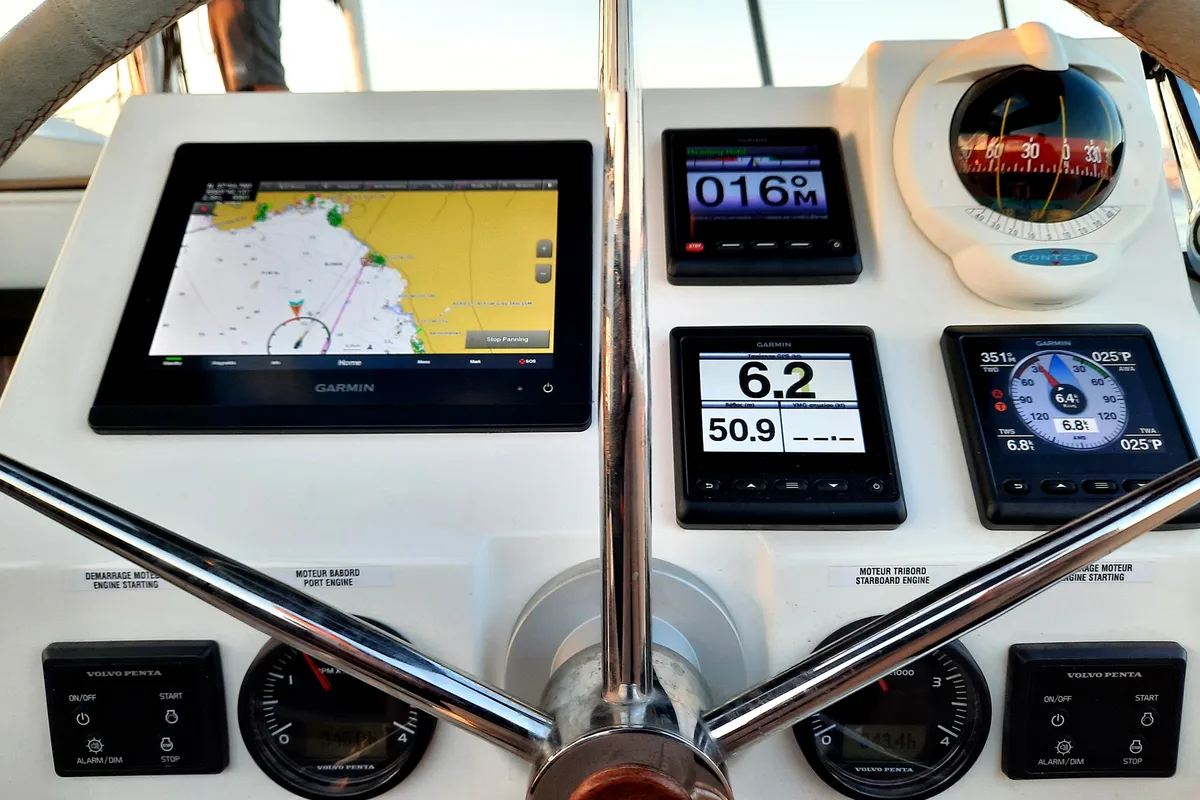 Cockpit of Nancy, a Fountaine Pajot Astréa 42 catamaran at Athens, Greece