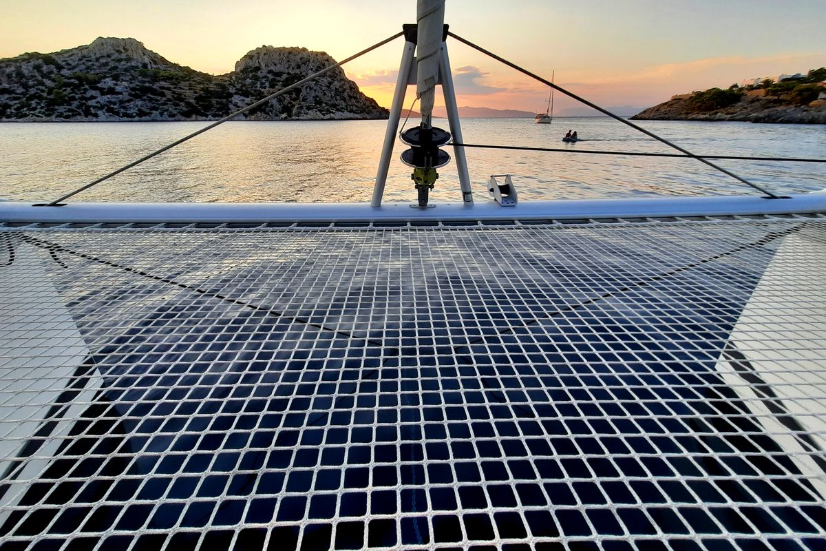 Deck of Nancy, a Fountaine Pajot Astréa 42 catamaran at Athens, Greece