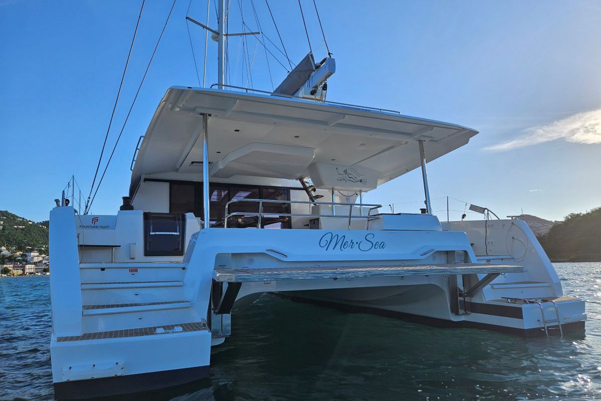 Exterior view of Mer Sea, a Fountaine Pajot Aura 51 catamaran at Charlotte Amalie, United States