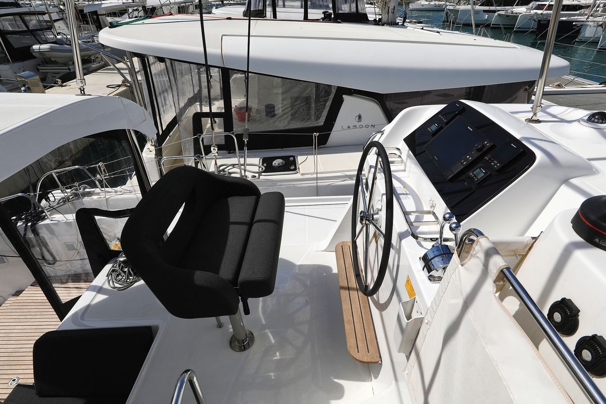 Cockpit of Family Time, a Lagoon 42 catamaran at Općina Sukošan, Croatia