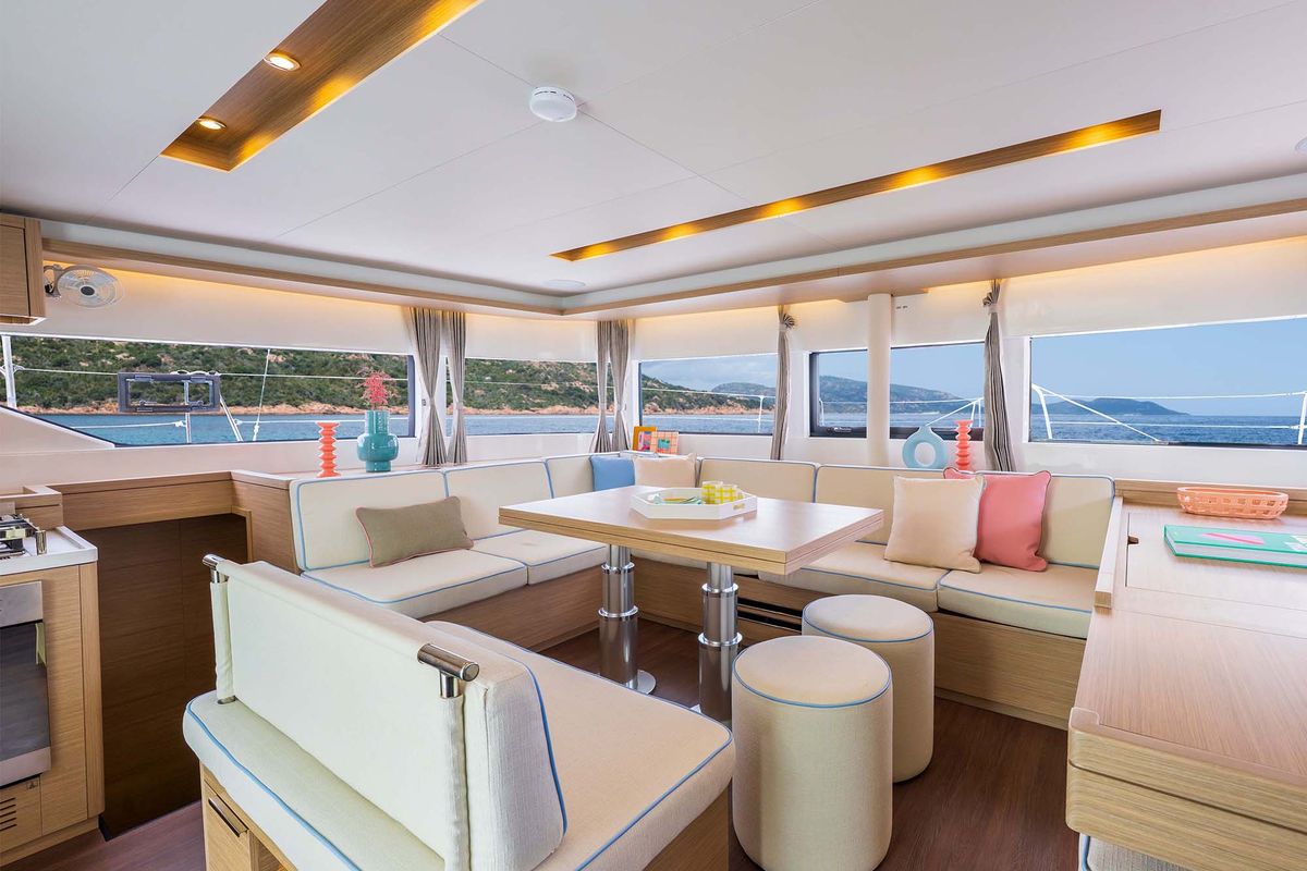 Salon of ALPHA, a Lagoon 51 catamaran at Athens, Greece
