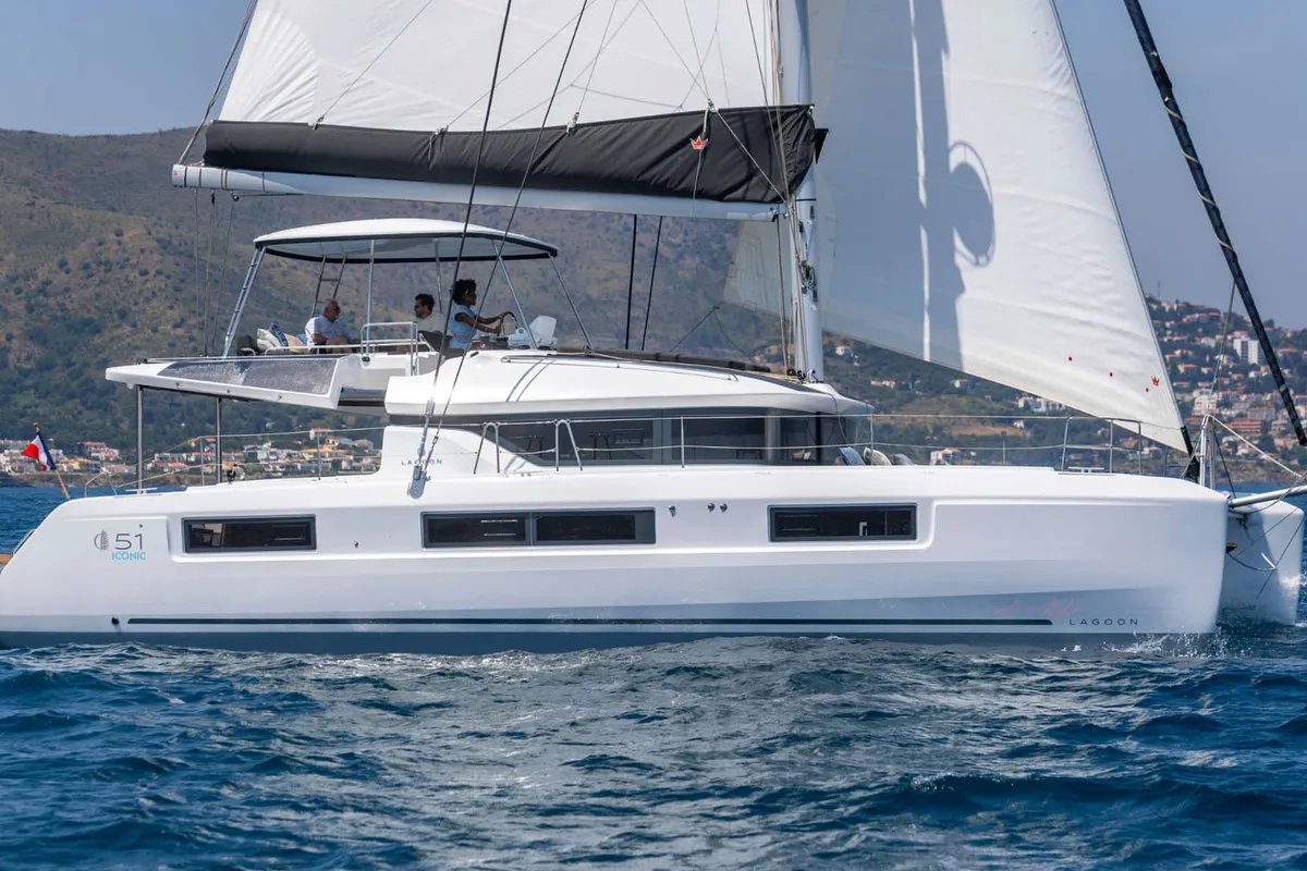 Exterior view of ALPHA, a Lagoon 51 catamaran at Athens, Greece