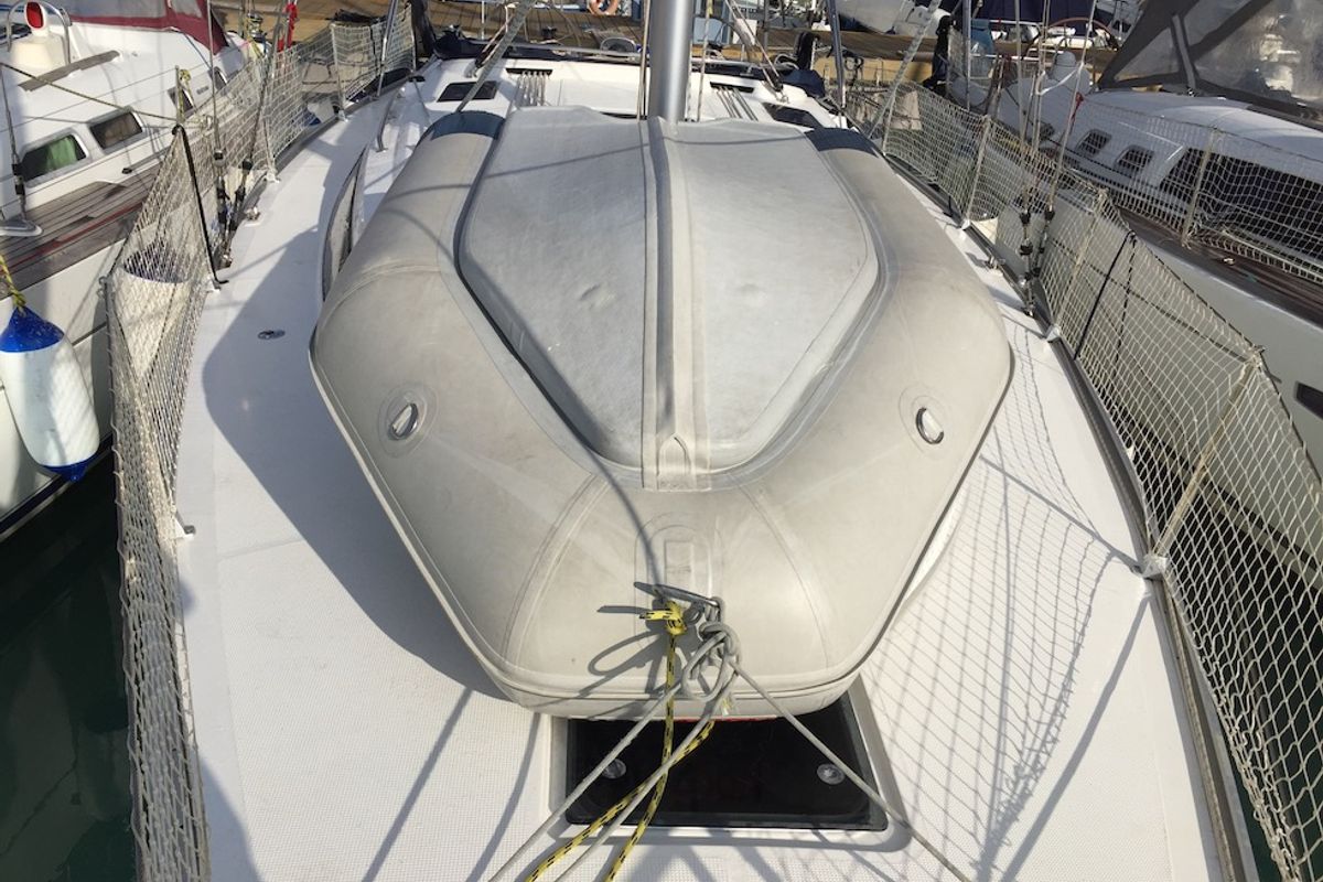 Deck of Alioth, a Bavaria Cruiser 41 sailboat at Olbia, Italy
