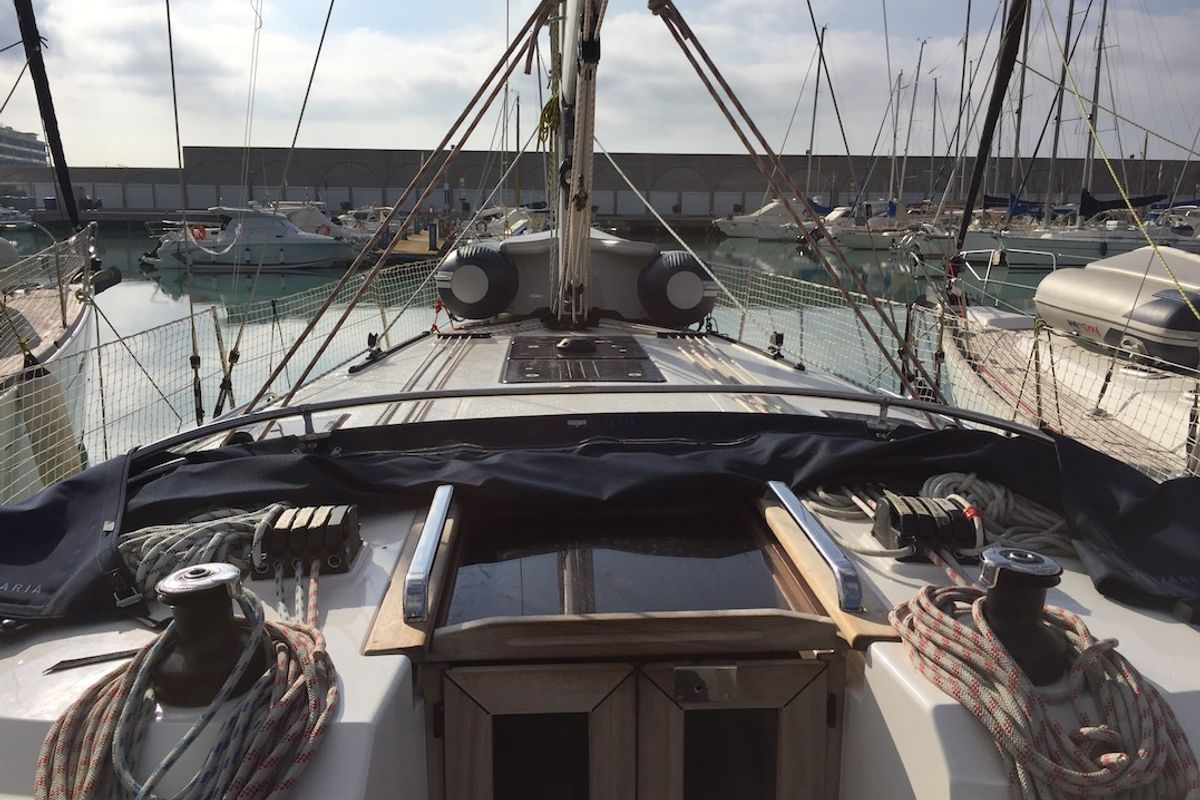 Deck of Alioth, a Bavaria Cruiser 41 sailboat at Olbia, Italy
