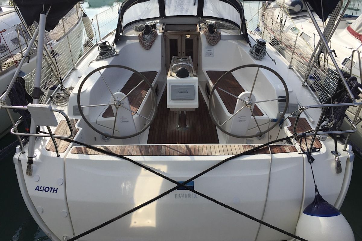 Cockpit of Alioth, a Bavaria Cruiser 41 sailboat at Olbia, Italy