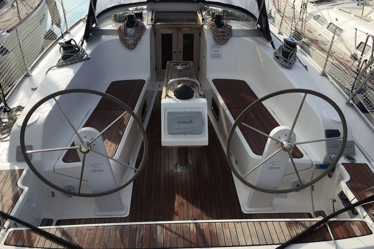 Cockpit of Alioth, a Bavaria Cruiser 41 sailboat at Olbia, Italy