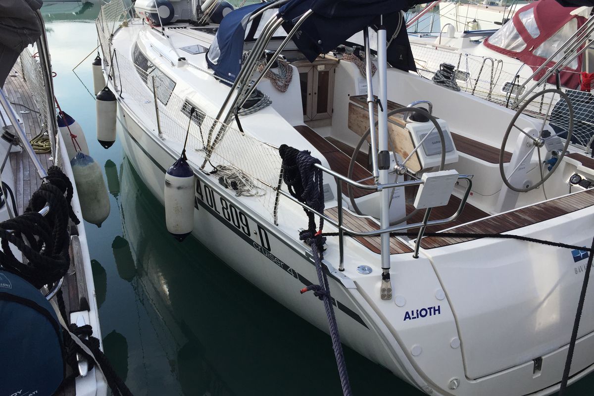 Exterior view of Alioth, a Bavaria Cruiser 41 sailboat at Olbia, Italy
