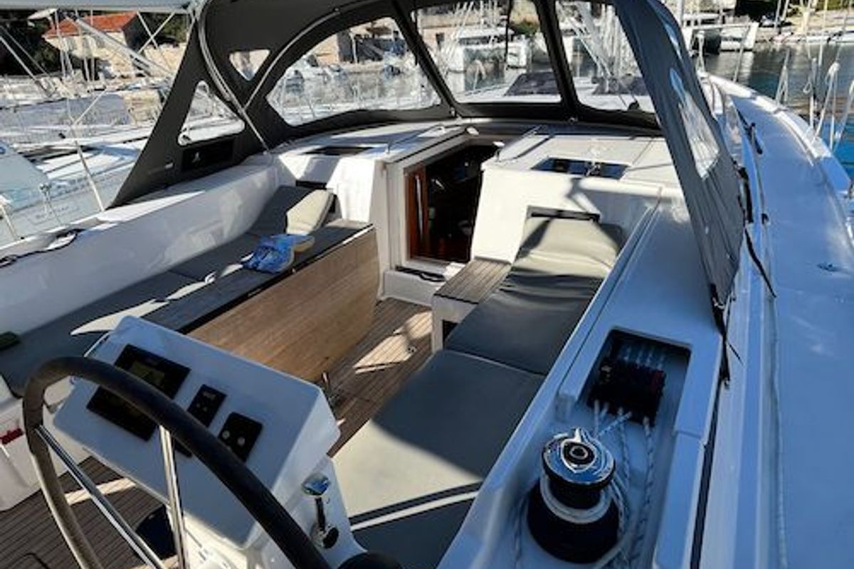 Cockpit of Brunello, a Bavaria C45 sailboat at Seget Donji, Croatia