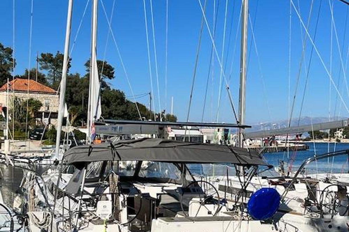 Deck of Brunello, a Bavaria C45 sailboat at Seget Donji, Croatia