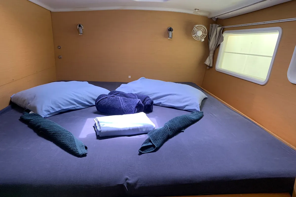 Cabin on Felicite, a Lagoon 380 catamaran at Eden Island Marina, Seychelles
